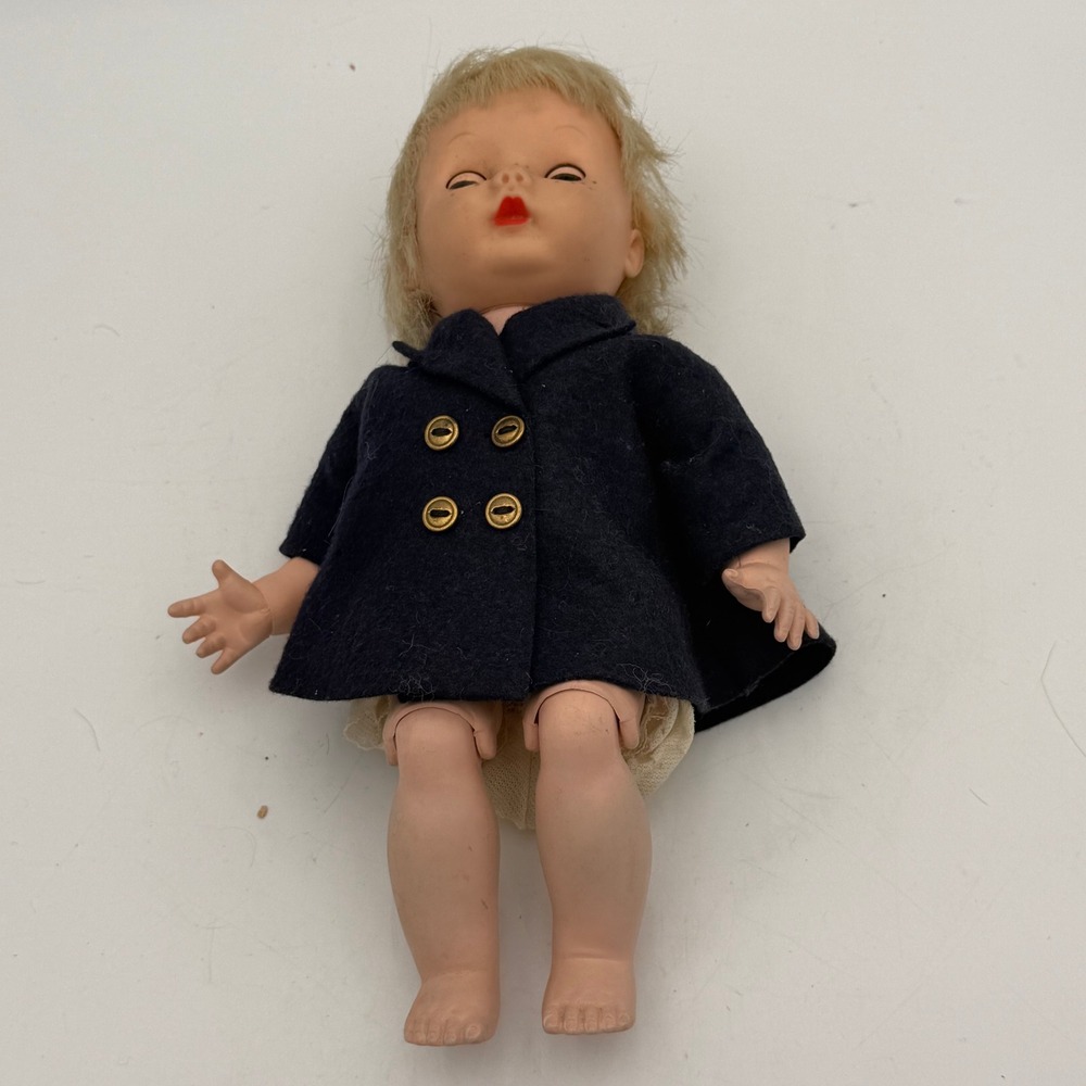 Vintage 9 Inch Vinyl Baby Doll Freckles Green Sleep Eyes Blonde Hair Navy Coat